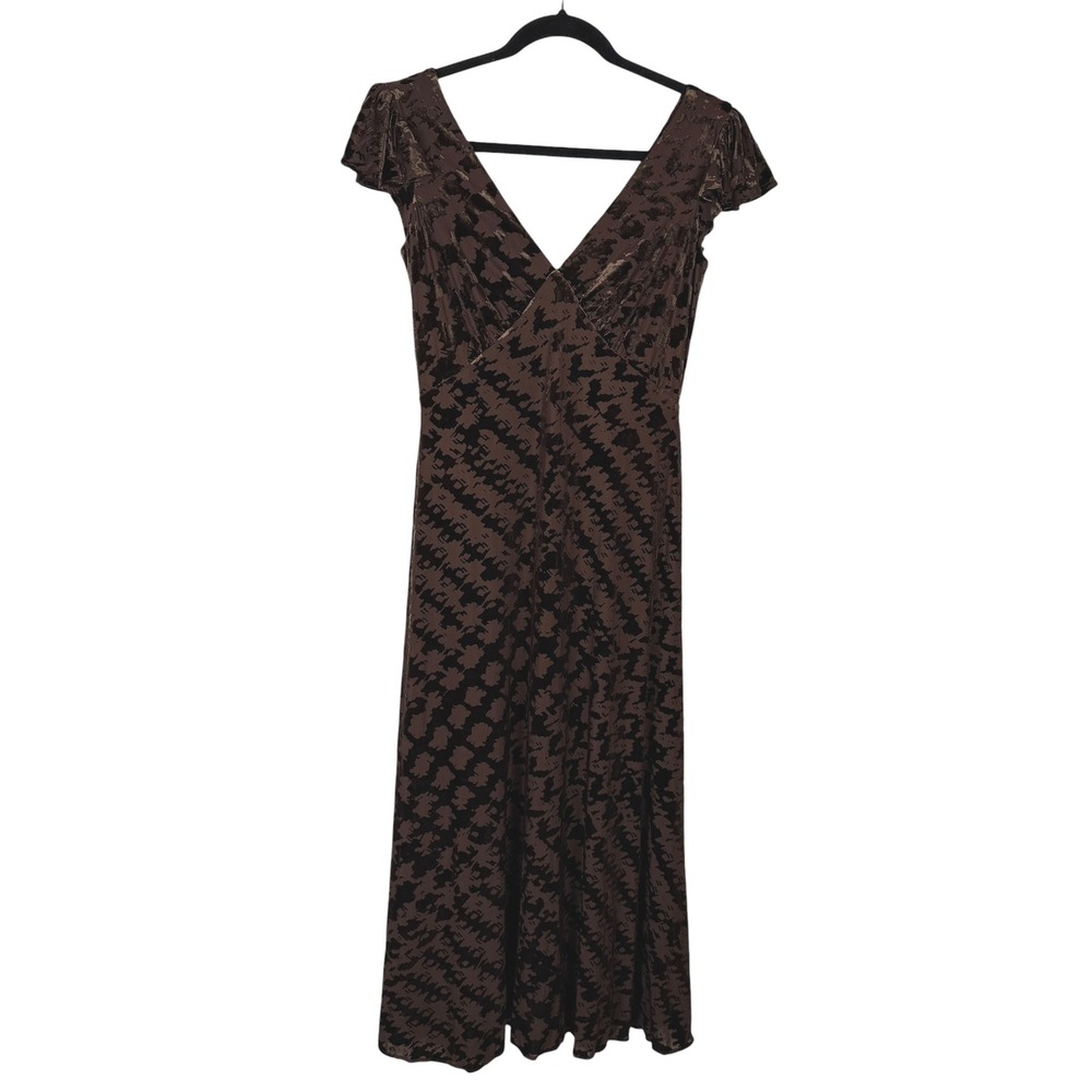 Vintage Burnout Velvet Midi Dress 2 Chocolate Brown Calvin Klein Babydoll V-Neck